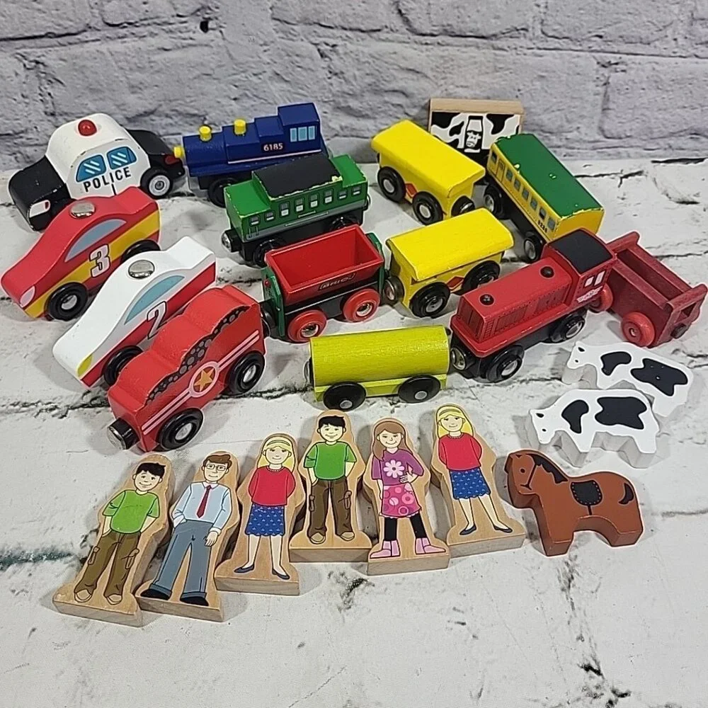 Wooden Magnetic‎ Railroad Train And Race Cars Lot 23pcs Blocky People Animals